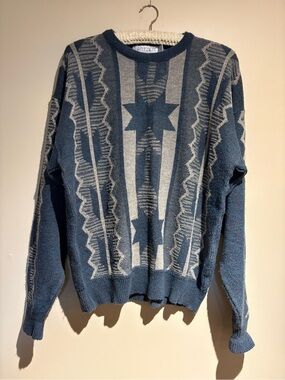 Vintage Jantzen Sweater Nordic Geometric Pattern Blue Grey Grandpa Core Size XL